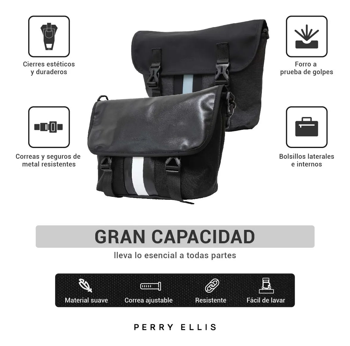 Maleta Messenger Perry Ellis Original Doble Vista Para Hombre - Gran Capacidad