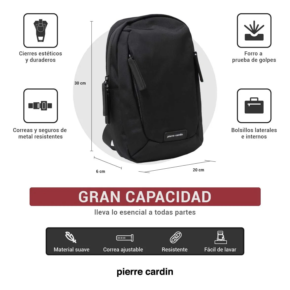 Pierre Cardin Crossbody Bag Gran Capacidad - Forro Anti-Golpes