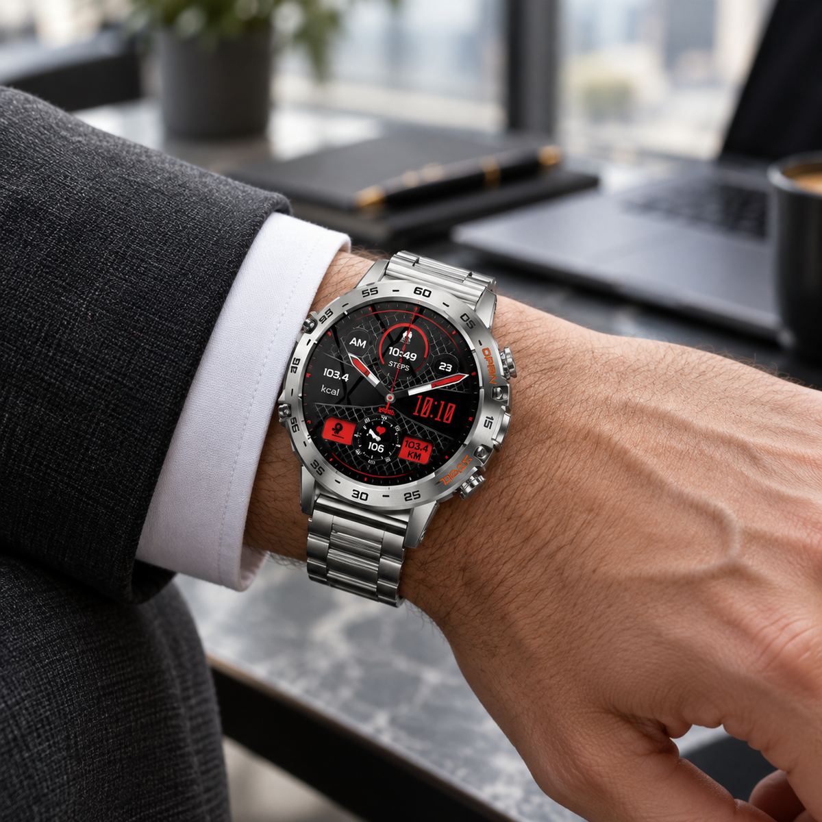 Executive Carbon Master plateado en la muñeca con camisa blanca y saco oscuro; imagen de estilo de vida generada con IA.